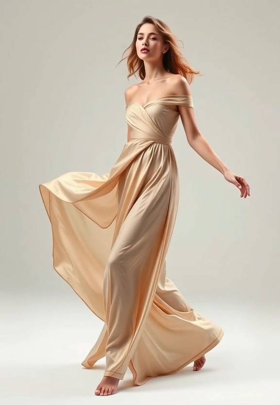 Look 02 — draped silk dress in motion