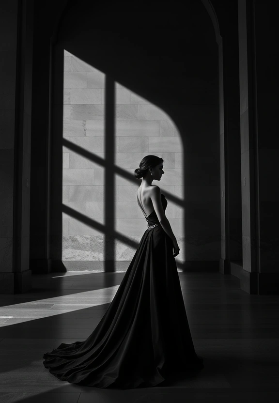 Look 08 — floor-length gown with dramatic shadows