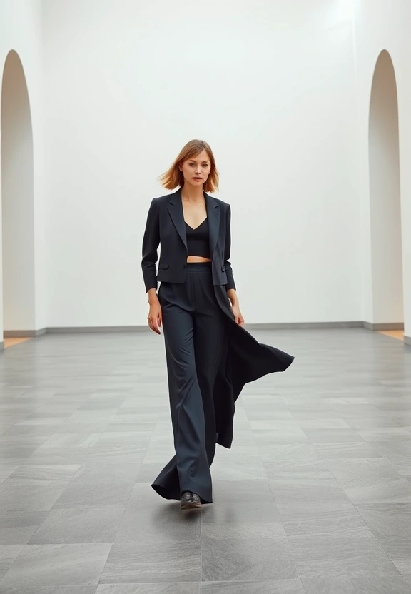 Look 06 — wide-leg pants and cropped jacket in gallery