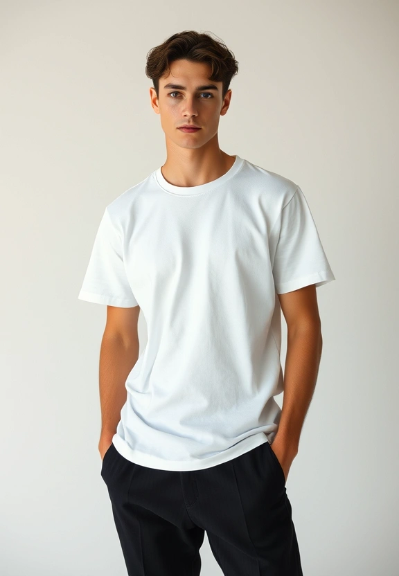 Essentials collection — model in minimal white tee and black trousers